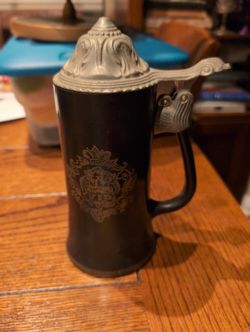 Black Glass Stein with Pewter Lid, Humorous Drinking Poem "Drunken Sod" Vintage